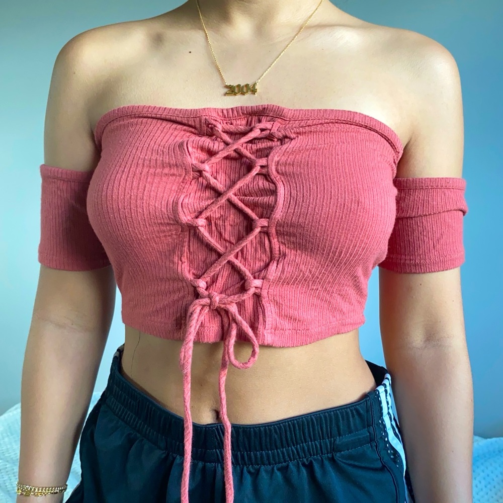 Copper Off Shoulders Cross Front Crop Top